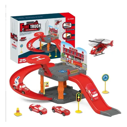 Pista De Carrinhos Infantil Bombeiro Com Helicóptero Playnet Cor Vermelho