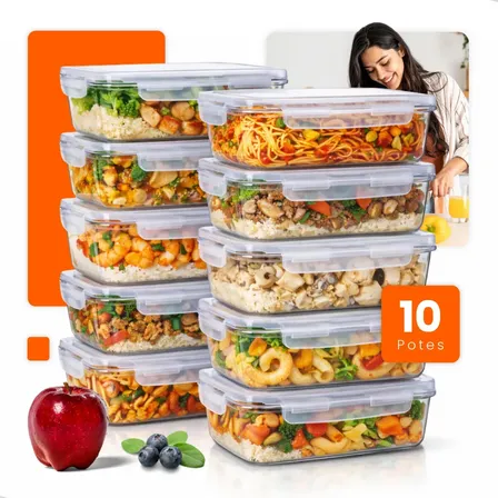Kit 10 Potes De Vidro Hermético 640ml Marmita Fitness 4 Travas Não Vaza Freezer Micro-ondas Forno Bpa Free Hold On