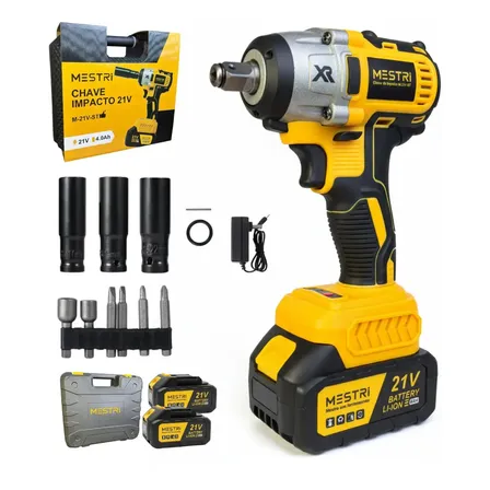 Chave De Impacto A Bateria Profissional Recarregável 21v 4ah Brushless Parafusadeira Furadeira Alta Potência Sem Escova 2 Baterias Mestri M-21vst Amarelo E Preto 127/220v