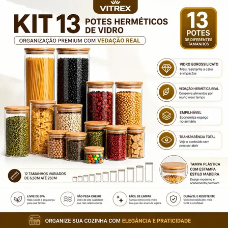 Kit 13 Potes Vidro Mantimentos Herméticos Com Tampa Bambu Alta Resistência 12 Litros Vitrex