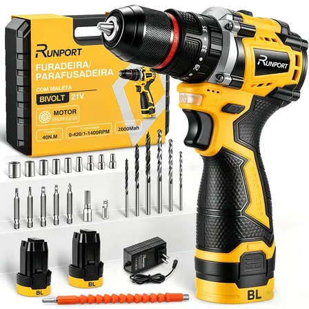 Parafusadeira Furadeira Runport 16.8v Sem Fio Motor Brushless 40n.m Ajuste Torque 35+3 Kit Brocas Para Madeira Betão E Metal Amarelo 127/220v