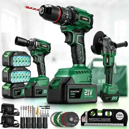 Combo Kit KILIAN ETHAN 21V Brushless: Furadeira De Impacto + Esmerilhadeira Angular Sem Fio + 3 Baterias De Lítio 4.0Ah Carregador Bivolt Maleta Rígida E Acessórios Profissional Uso Industrial