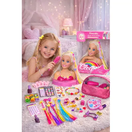 Boneca Fala Frases Busto + Kit Maquiagem Bolsa Infantil