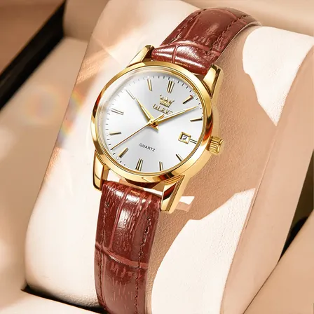 Olevs Relógio Feminino Original Couro Marrom Quartzo 6898