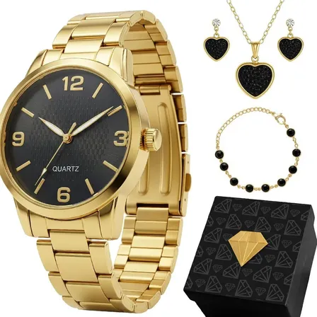 Relogio Feminino Casual Dourado Ouro Social + Jóias + Caixa