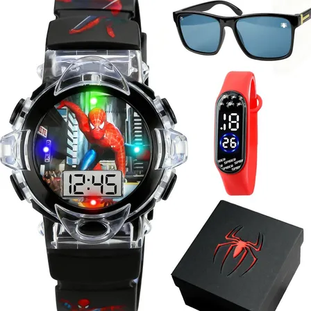 Relogio Digital Aranha Led Infantil + Oculos Sol + Caixa Ver