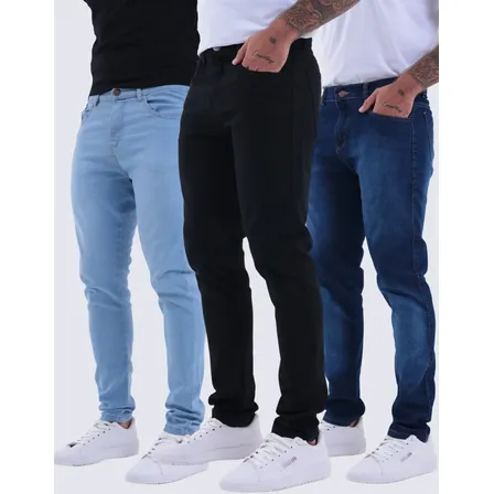 Kit 3 Calças Jeans Skinny Masculina Com Lycra Estica Bem Nf Azul Claro Cinza Preta 44