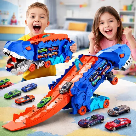Caminhão Pista Dinossauro Cegonha Devorador 4 Carros Rampa