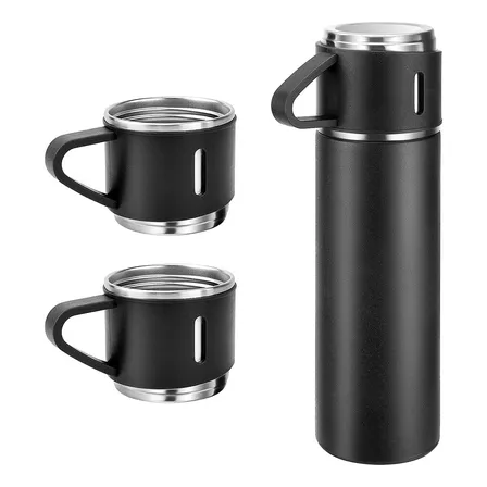 Kit Garrafa Térmica Inox 500ml Com 3 Xícara Garrafas De Café