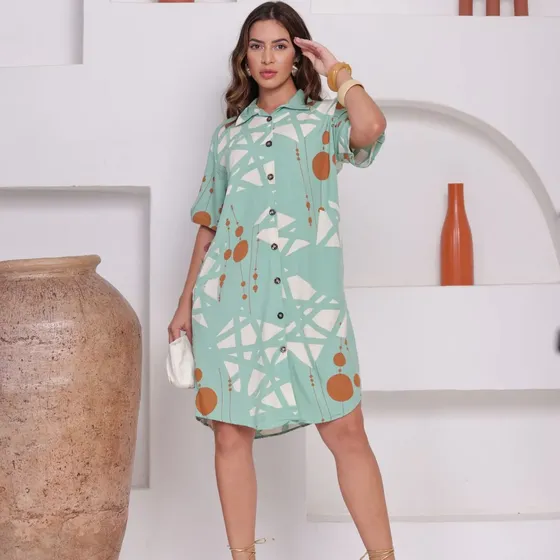Vestido Chemise Feminino Curto Estampado Manga Curta Botões