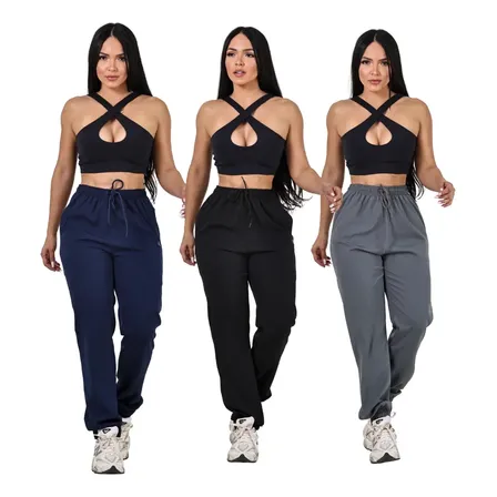 Kit 3 Calças Jogger Femininas Secagem Rápida E Conforto Preto - Marinho - Cinza Escuro Liso G