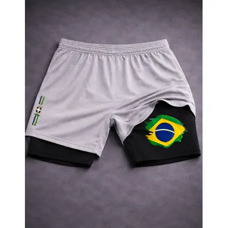 Bermuda Compressão 2 Em 1- Brasil 02 Masculina Dry Fit Com