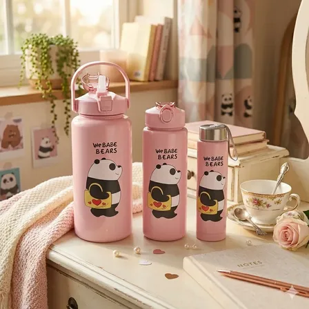 Kit 3 Garrafas De Água Squeeze 2000ml 900ml 300ml Rosa Rosa