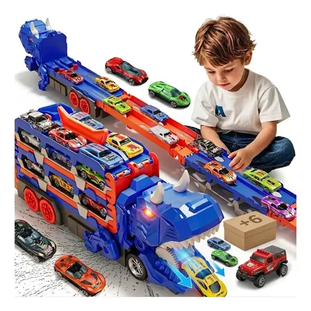 Caminhão Dinossauro Pista Maleta Engolir 6 Carrinhos Corrida