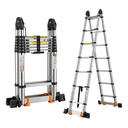 Escada Telescópica 5.6m Inox 18 Degraus Dobrável Com Rodas