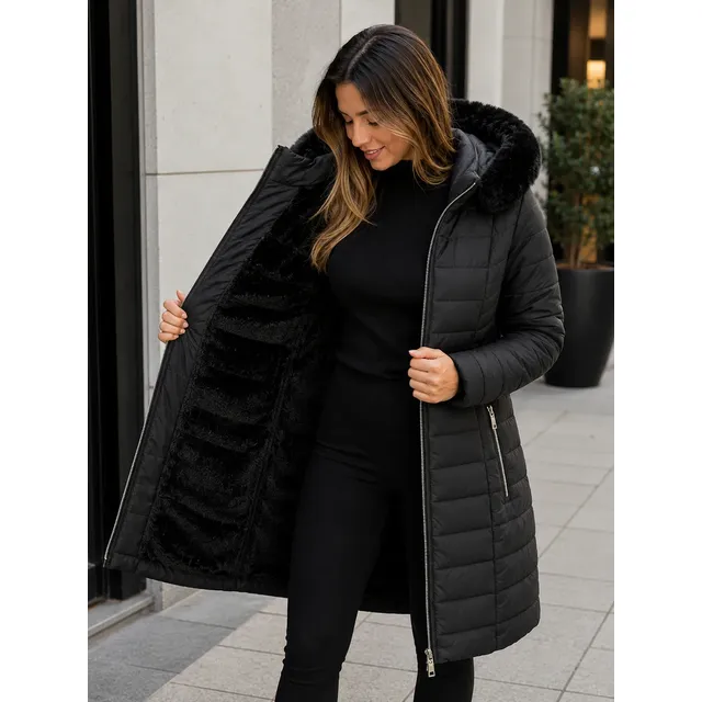 Sobretudo Feminino Forrado Parka Jaqueta Longa Capuz Pelucia Preto M