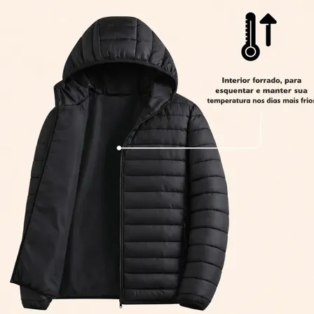Jaqueta Puffer Impermeável Forrada Bolso Interno Frio Casaco Preto P