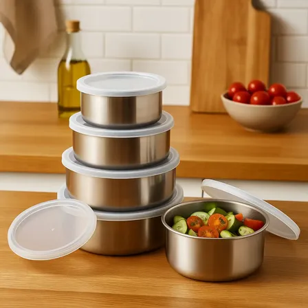 Conjunto Potes Vasilha Organizador Cozinha Geladeira Inox 5p