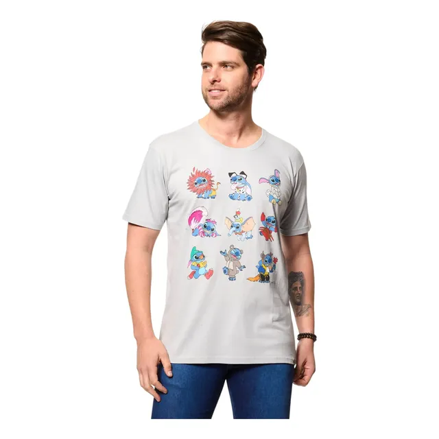 Camiseta Casual Masculina Stitch Versões Em Algodão Disney