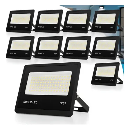 Kit 10 Refletor Led 300w Holofote Bivolt Ip67 Externas 6500k 127/220v Preto Branco-frio