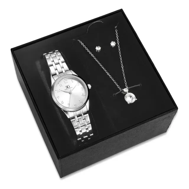 Kit Relógio Colar Brincos Prata Feminino Saint Germain 28 Mm Prateado