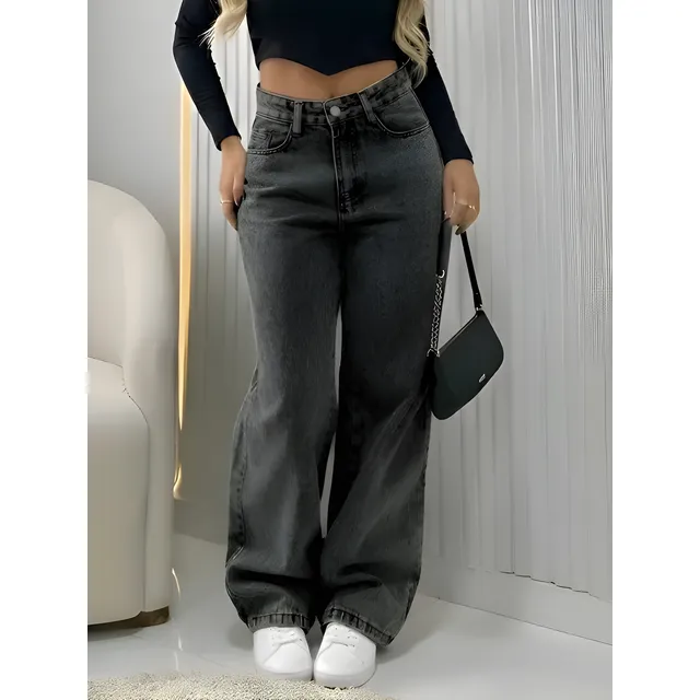 Calça Jeans Wide Leg Feminina Cintura Alta Pantalona Preto Black Marmo Liso 40