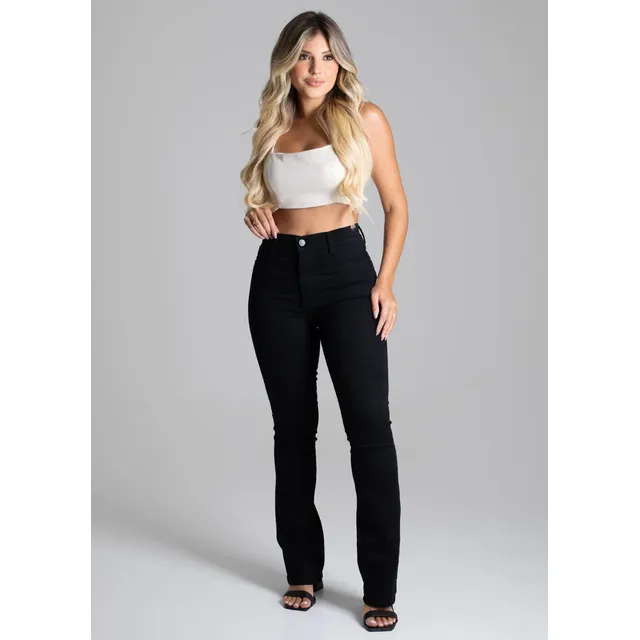 Calça Flare Sawary Jeans Feminino Algodão Preto Boot Cut Preto Liso 40