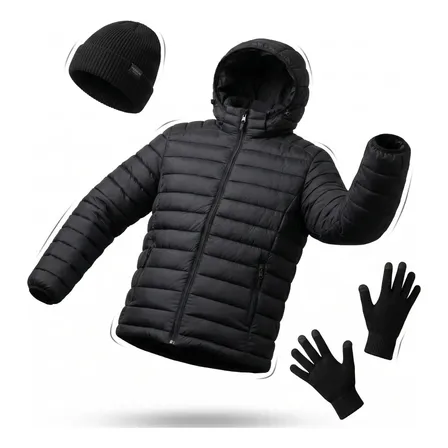 Kit Jaqueta Puffer Frio Intenso Impermeável Com Touca E Luva
