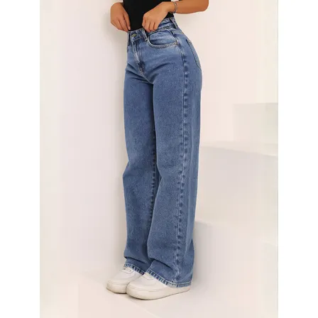 Calça Jeans Wide Leg Feminina Cintura Alta Pantalona Jeans Marmorizado Liso 42