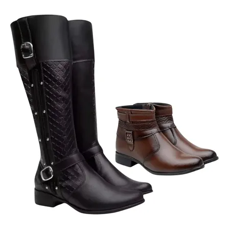 2 Pares Bota Feminina Montaria Cano Longo E Coturno Curto*