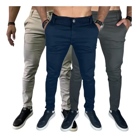 Kit 3 Calça Masculina Sarja Slim - Elastano - Esporte Fino