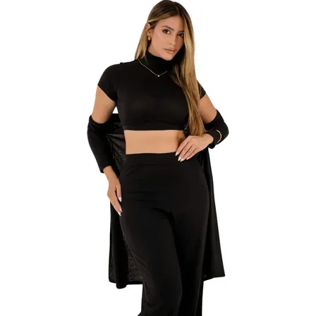Conjunto Calça Pantalona Com Cropped E Kimono Inverno Frio