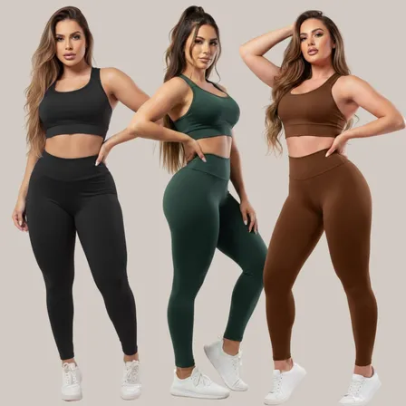 Kit 3 Conjunto Academia Calça Legging E Top Roupa Feminina