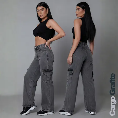 Calça Cargo Grafite Cinza Jeans Feminina Wide Leg 34 Ao 44