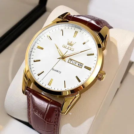 Olevs Relógio Masculino Pulseira Couro Casual Social M080 Correia Marrom Bisel Dourado Fundo Branco