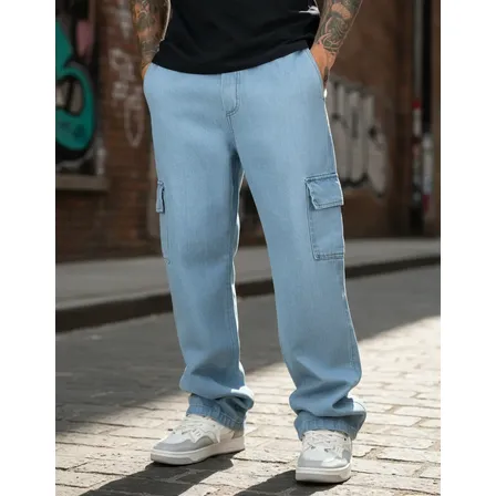 Calça Cargo Jeans Masculina Larga Com 5 Bolsos Estilo Skate