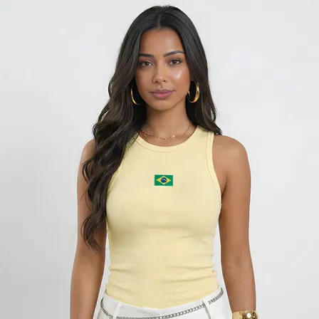 Regata Feminina Bandeira Brasil Bordado Pequena Canelado