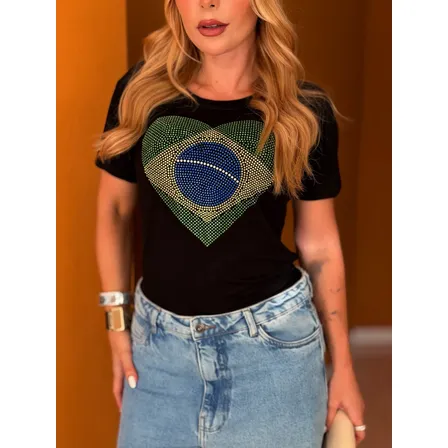 Blusa Feminina Torcedora Do Brasil Manga Curta Com Brilhos