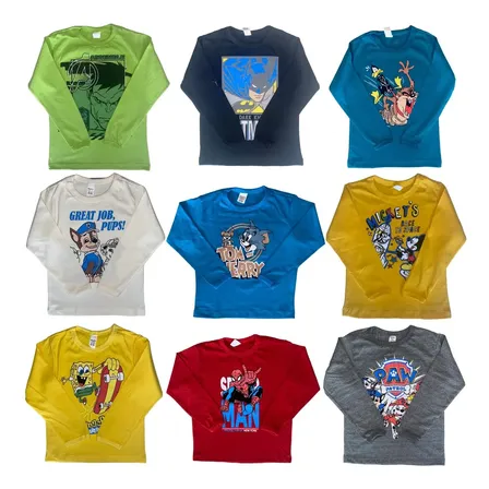 Kit 5 Camiseta Infantil Desenhos Manga Longa Menino