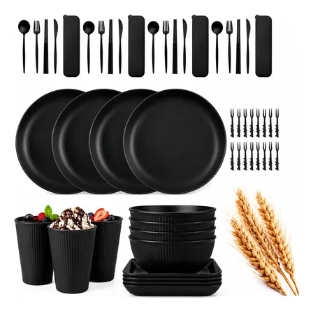 Jogo De Jantar 56 Peças Fibra De Trigo Preto Bpa Free