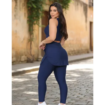 Calça Legging Saia Conjunto Com Top E Bolsos Feminino