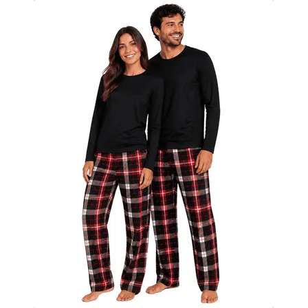 Calça Xadrez E Blusa Casal Conjunto De Dormir Pijama Suede