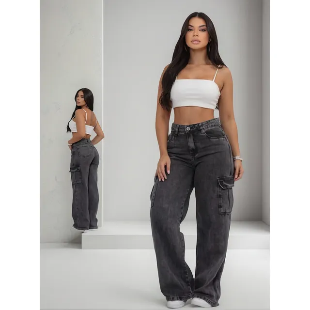 Calça Wide Cargo Jeans Feminina