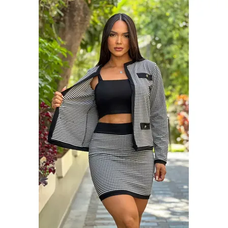 Kit Conjunto Feminino Casaco E Short Saia Jacquard + Cropped