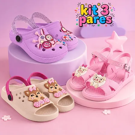 Kit 3 Pares Sandália Infantil Menina Slides Babuche Papete