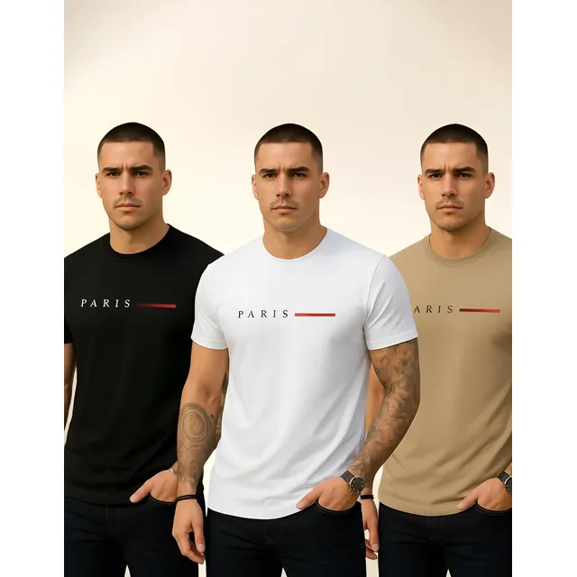Kit 3 Camisetas Paris Masculinas Luxo Camisa Algodão Premium