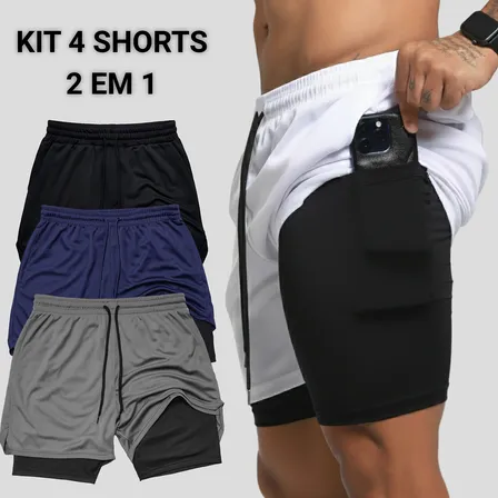 Kit 4 Shorts 2 Em 1 Masculino Compressão Academia Treino Uv