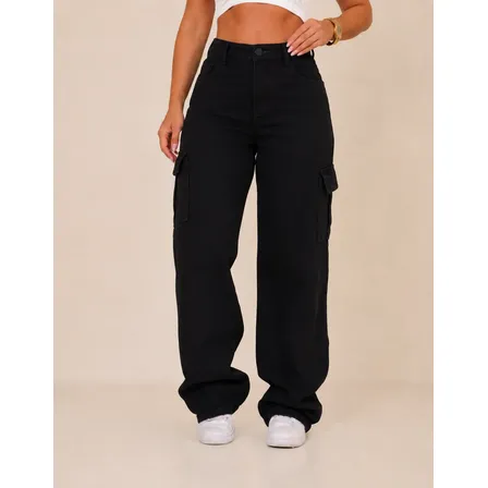Calça Cargo Jeans Feminina Wide Leg Cintura Alta Stillger