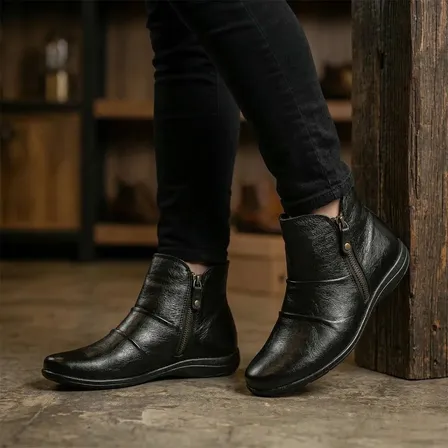 Bota Feminina Couro Conforto Zíper Enrugada Cano Curto
