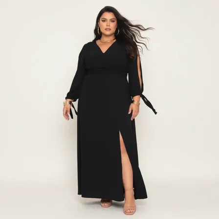 Vestido Longo Plus Size Feminino Amarração Punho Det Cintura
